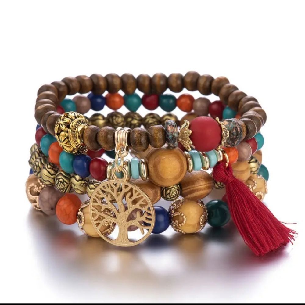 Boho wooden beaded charm bracelet tree of life with tassel
